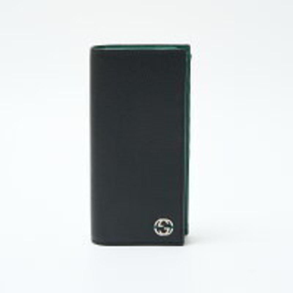 Gucci Breasted GG Green Black Long Wallet Fold Leather Interlocking